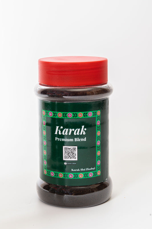 A jar of Karak Premium Bend Black Tea with a solid white background